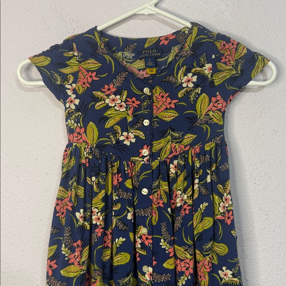 Polo by Ralph Lauren Kids Dress - Navy and Pink Floral Scallop Neckline Size 4